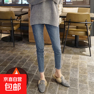 煙灰色加絨牛仔褲女秋冬2025新款冬季薄絨高腰顯瘦外穿抓絨小腳褲 厚絨款復(fù)古藍(lán) 九分 28 2尺1