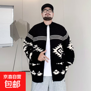 胖子提花休閑開衫毛衣男潮牌寬松胖子加肥加大碼民族風(fēng)針織衫外套 黑色 厚款 原版高品質(zhì) 2XL 建議140-160斤