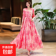 沙灘裙2025新款夏秋季女士大擺V領(lǐng)印花顯瘦長(cháng)裙雪紡裙ZHFS 粉紅色 L