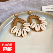 春夏度假風(fēng)拉菲草編織貝殼耳環(huán)波西米亞海邊耳釘輕奢高級感耳飾女 鋼針-水滴鏤空
