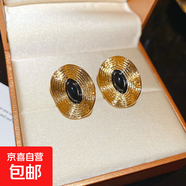 銀針滴油圓形橢圓形褶皺紋路耳釘歐美宮廷風(fēng)耳環(huán)小眾設(shè)計(jì)感耳飾女 銀針-金色-黑色-圓形