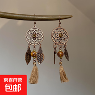 波西米亞木頭鏤空圓形樹(shù)葉流蘇耳鉤歐美復古耳環(huán)設計感小眾耳飾女 耳鉤-古金色