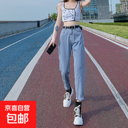 淺藍色寬松個性小眾哈倫直筒褲2025新款高腰百搭時尚垂感牛仔褲 1707淺藍九分 S