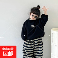 兒童加絨加厚套裝2025秋冬款韓版男女童衛衣衛褲條紋套裝p35 黑色衛衣+條紋衛褲(加厚p 100 cm