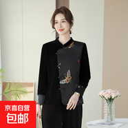 新中式媽媽春裝刺繡金絲絨小衫2025新款中老年女春秋外套洋氣上衣 黑色 XL 85-110斤