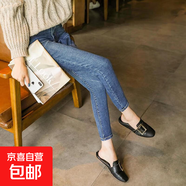 純色個(gè)性舒適高腰九分加絨加厚緊身牛仔褲女八分矮小個(gè)子小腳褲 復(fù)古藍(lán)八分單款 25