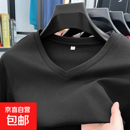 老人頭（LAORENTOU）100支雙絲光棉男純棉V領(lǐng)長袖T恤純色寬松雞心 AN55201黑色 XL 建議145-160斤