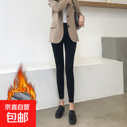 薄絨八分九分長(cháng)褲冬季牛仔褲女高腰黑色小腳褲抓絨加絨磨毛鉛筆褲 黑色抓毛九分褲 28