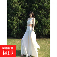 法式小眾高級清冷感白色斜肩露腰連衣裙女海邊度假氛圍感超仙長(cháng)裙 白色 M