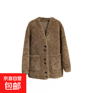 百搭保暖毛毛外套開(kāi)衫冬季仿皮草女v領(lǐng)外套皮毛一體寬松開(kāi)衫休閑 咖色 均碼