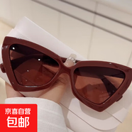 SH墨鏡女三角貓眼米釘高級感顯瘦太陽鏡時尚大框防曬復古眼鏡 茶框茶片+鈕釘盒顏色隨機