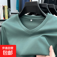 老人頭（LAORENTOU）100支雙絲光棉男純棉V領(lǐng)長袖T恤純色寬松雞心 AN55201湖綠 XL 建議145-160斤