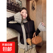 【親膚順滑】假兩件撞色長(cháng)袖T恤女秋季修身內搭打底衫格紋上衣XXC 黑色【優(yōu)質(zhì)款】 L 105-116斤