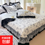 赫本風(fēng)床蓋三件套蕾絲花邊床裙雙層加厚夾棉單床蓋裸睡床單不起球 水墨玫瑰-赫本風(fēng) 1.8m床-260*250床蓋+枕套一對