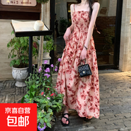 法式玫瑰印花系帶吊帶連衣裙女夏季2025新款度假風(fēng)褶皺收腰長裙子 復(fù)古紅 L