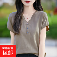 設計感紐扣100%棉V領針織短袖寬松休閑舒適顯瘦飛袖上衣/SMY149-X 深駝色 L （105-120斤）