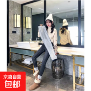 冬季棉彈力加絨鉛筆褲女高腰顯瘦加厚保暖牛仔褲緊身小腳九分長(cháng)褲 黑灰色 長(cháng)褲 1698# 27