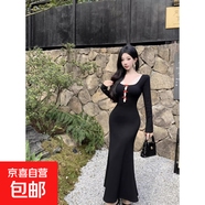 法式辣妹茶歇蝴蝶結針織連衣裙女黑色御姐氛圍感修身顯瘦包臀長(cháng)裙 蕾絲背心+連衣裙 M 【建議100-110斤】