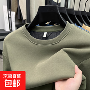 老人頭（LAORENTOU）加絨加厚男士長袖T恤純色圓領(lǐng)白體恤衫男寬松 AN719200軍綠 L 建議125-145斤