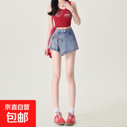 學(xué)院風(fēng)個(gè)性假兩件A字牛仔短裙褲女春夏新款小眾系帶高腰牛仔裙褲 淺藍(lán)色 S