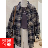 美式復古新款毛呢紅色格子加厚襯衫夾克高級設計格子長(cháng)袖夾克外套 黑色 3XL