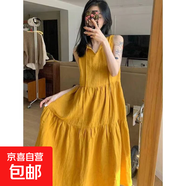 夏新款棉麻ins純色無(wú)袖裙法式綁帶顯瘦度假風(fēng)長(cháng)裙韓版寬松連衣裙 黃色長(cháng)裙 M 建議110斤以?xún)?
                                         title=