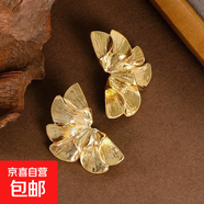 歐美簡(jiǎn)約女士花朵耳環(huán)個(gè)性夸張金屬風(fēng)多層小眾設計感耳釘花瓣耳飾 銀針—金色立體花瓣