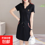 胖MM休閑連衣裙2025夏新款大碼女裝寬松顯瘦胖妹妹減齡運動(dòng)直筒裙 黑色 黑色 M 【建議80-100斤】