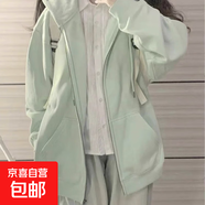 加絨加厚奶杏色連帽衛(wèi)衣女秋冬2025新款小個子中長款拉鏈外套開衫 淺綠冬季加絨（雙層面料400克） XL 建議125-140斤