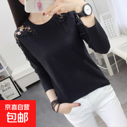 早秋蕾絲長(cháng)袖t恤女秋裝休閑顯瘦體恤修身加絨打底衫女士上衣8114 8116黑色【薄款】 3XL 參考140-155斤