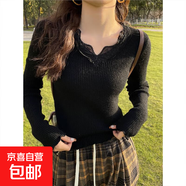 低領(lǐng)蕾絲針織衫設計感內搭毛衣女2025新款春秋冬季V領(lǐng)純色打底衫 黑色 木耳邊 L