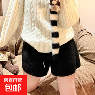 咖色羊羔絨短褲女秋冬2025新款高腰a字顯瘦慵懶打底保暖毛絨靴褲 黑色 S