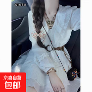 草原度假風(fēng)小白裙V領(lǐng)連衣裙子女設(shè)計(jì)感收腰小個(gè)子仙女短裙春秋季 白色連衣裙+腰帶 L 【建議110-120斤】