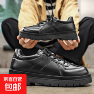 工作鞋小眾設計德比皮鞋寬松大頭厚底增高復古工裝鞋輕便舒適 黑色 40