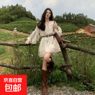 波西米亞度假風(fēng)杏色燈籠袖連衣裙早春氛圍感甜美初戀系帶V領(lǐng)短裙 淺杏連衣裙+腰帶 L 【建議110-120斤】