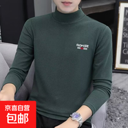 男士雙面德絨打底衫男秋冬季新款半高領(lǐng)印花內(nèi)搭上衣保暖t恤上衣 墨綠色QRH 2XL