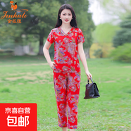 金狐貍老年人服裝女中老年女裝短袖衫上衣休閑兩件套媽媽夏裝冰絲 3號(hào)色 舒杰&6683 2XL