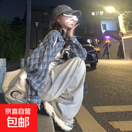 美式復(fù)古藍(lán)色格子襯衫女裝2025新款春秋襯衣疊穿外套休閑百搭上衣 藍(lán)色格子 2XL 建議130-150斤