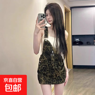 延芮網(wǎng)紅同款夏季減齡少女豹紋牛仔背帶連衣裙顯瘦包臀a字包臀短 BMS7003--豹紋 S