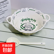 奶油修狗一人食餐具四件套高顏值釉下彩陶瓷泡面碗手柄碗飯碗勺筷 奶油旺（花籃碗+勺） 2件套