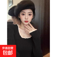 低圓領(lǐng)針織衫女秋冬復古氣質(zhì)打底衫修身顯瘦套頭毛衣短款內搭上衣 黑色 均碼