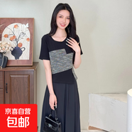 蔡小姐牛仔拼接短袖T恤2025秋新款女收腰顯瘦遮肚子上衣時尚百搭 黑拼灰 XL