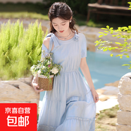 法式連衣裙2025夏季新款氣質(zhì)溫柔風(fēng)蝴蝶結設計感長(cháng)裙子夏天1460 藍色 L 【110-120斤】