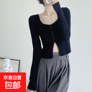 日系復(fù)古溫柔風(fēng)短款修身小性感針織衫上衣長袖內(nèi)搭漏鎖骨毛衣女裝 黑色 均碼
