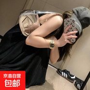 法式吊帶連衣裙夏季高級氣質(zhì)簡(jiǎn)約大裙擺垂感修身百搭顯褶皺長(cháng)裙 黑色 L 【100-120斤】