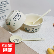 奶油修狗一人食餐具四件套高顏值釉下彩陶瓷泡面碗手柄碗飯碗勺筷 奶油旺（2碗2勺） 4件套
