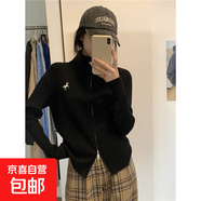 美式小立領(lǐng)雙拉鏈開衫毛衣女打底秋裝冬季設(shè)計感刺繡上衣針織外套 黑色 【小馬刺繡款】 XL