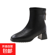 高跟馬丁靴女2025新款秋冬英倫風(fēng)百搭方頭瘦瘦靴中跟粗跟大碼短靴 黑色單里 35