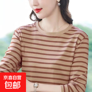 圓領(lǐng)條紋長袖t恤女士春秋季顯瘦女裝上衣體恤韓版大媽百搭打底衫 909-淺咖條紋 2XL 【建議125-140斤】