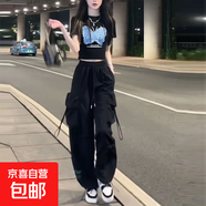 其他品牌美拉德ins工裝褲子女春秋季新款抽繩高腰寬松直筒褲休閑 黑色 L